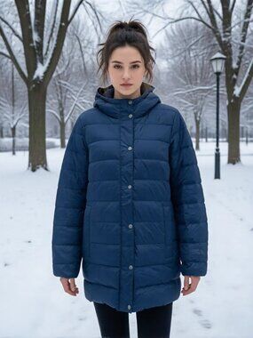 Eddie Bauer Navy Hooded Long Puffer Coat Down 650